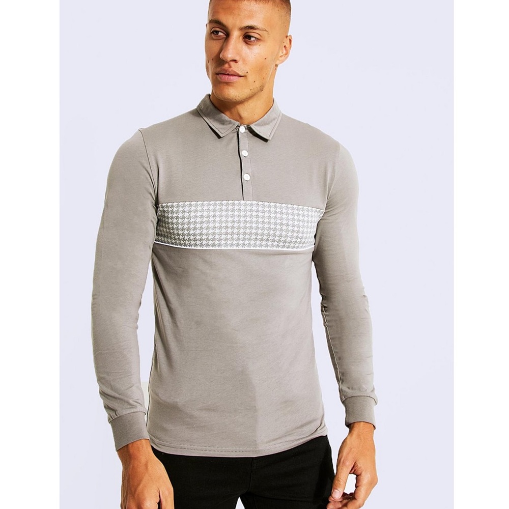 Muscle Fit Patterned Panel Long Sleeve Polo
